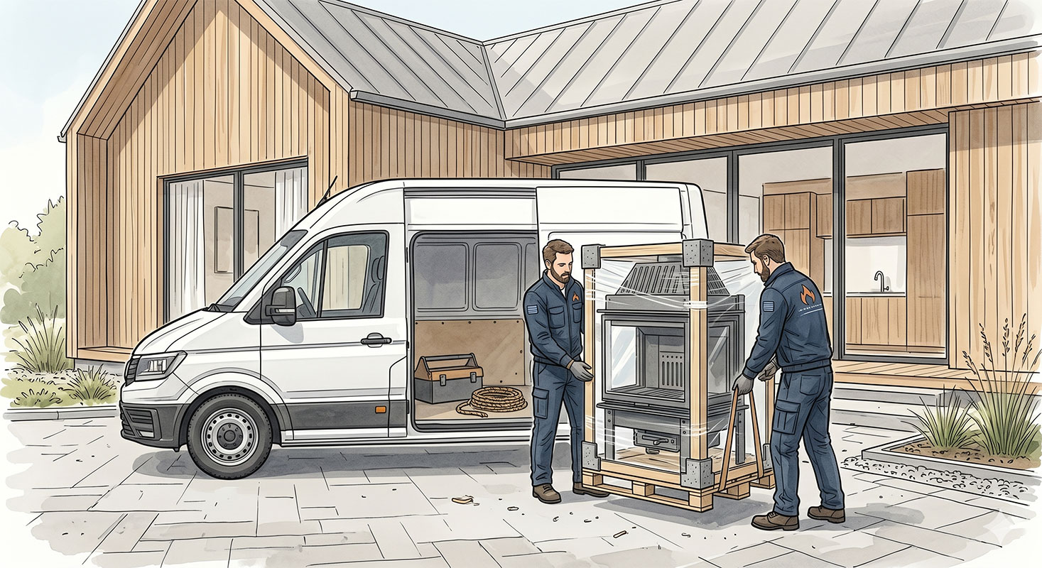 Kamīni, kamīnkrāsnis, malkas plītis un montāžas materiāli transportēšana un piegāde uz objektu